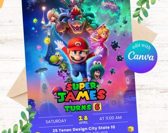 Mario Galaxy-Geburtstagseinladung, Weltraum-Party digital bearbeitbare Canva-Vorlage, sofortiger Download, Canva-Vorlage (5 x 7 Zoll)