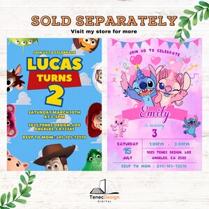 May include: Two colorful birthday party invitations. One features the text "Lucas Turns 2" with cartoon characters. The other says "Emily is turning 3" with Stitch and Angel characters. Both include party details and contact information.