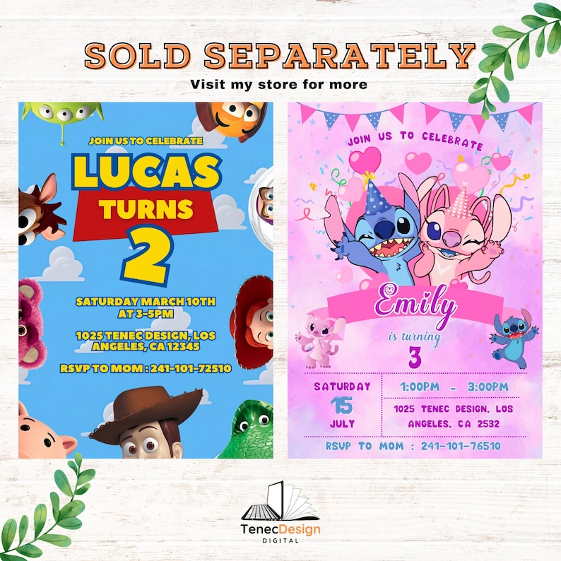 May include: Two colorful birthday party invitations. One features the text "Lucas Turns 2" with cartoon characters. The other says "Emily is turning 3" with Stitch and Angel characters. Both include party details and contact information.