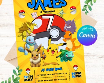 Invitation Pokémon | faire-part modifiable | Invitation d'anniversaire pour enfants | Téléchargement numérique | Fête Pokémon | Invitation d'anniversaire de garçon de carte de Pikachu