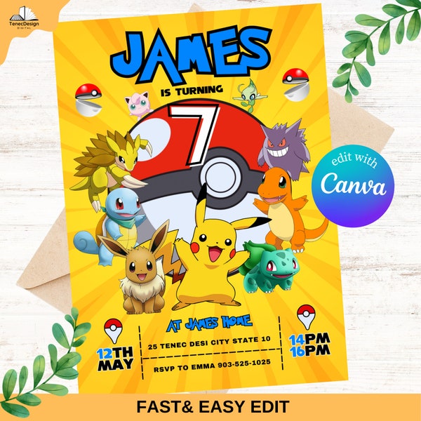 Pokemon Invitation | Editable Invitation | Kids Birthday Invite | Digital Download | Pokemon Party | Pikachu Card Birthday Boy Invitation