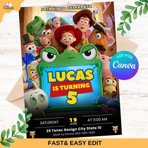 May include: A colorful birthday party invitation featuring characters from Toy Story. The invitation has a green frog-shaped frame with the text "LUCAS IS TURNING 5". Additional text includes the date, time, and RSVP information. The invitation is designed to be edited with Canva.