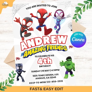 Convite do Aranha Convite de aniversário do Aranha e seus amigos incríveis Convite para festa de aniversário com tema Aranha Menino Menina Giratório Fantasma Aranha Editável