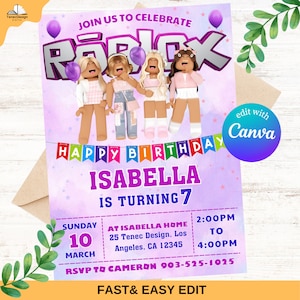 Roblox Birthday Invitation Template: Gamer Girl Party (Editable Canva)