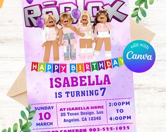 Roblox Birthday Invitation Template: Gamer Girl Party (Editable Canva)