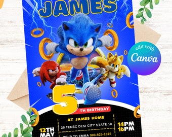 Sonic Geburtstagseinladung, Super Igel Jungen Party einladen, Super Sonic Party Einladung, Bearbeitbare Sonic Invite Vorlage, Canva Vorlage