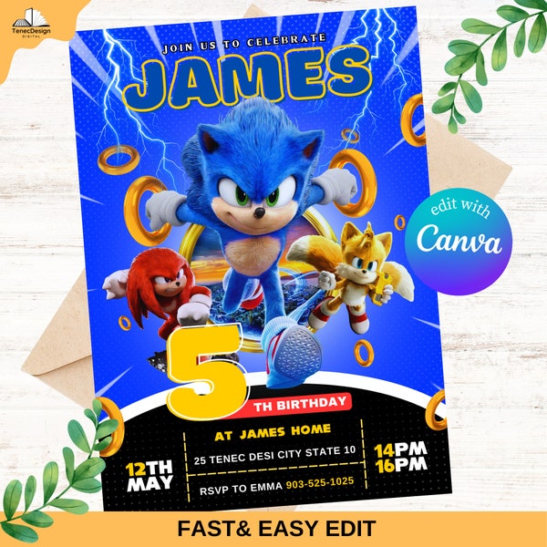 Sonic Geburtstagseinladung, Super Igel Jungen Party einladen, Super Sonic Party Einladung, Bearbeitbare Sonic Invite Vorlage, Canva Vorlage