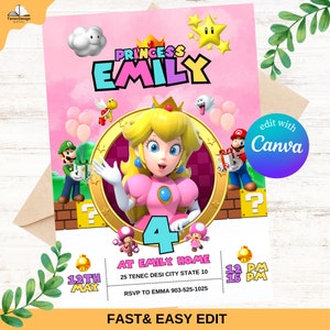 Prinzessin Peach Einladung, Prinzessin Geburtstag einladen, Mario Digitale Vorlage, Super Mario Bros, Super Mario Prinzessin Einladungskarte