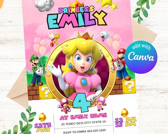 Princess Peach Invitation Super Mario Princess Birthday Invite Instant Download Peach Party Invitation Canva Template
