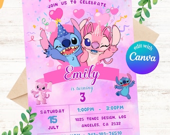 Modello di invito di compleanno modificabile Stitch, inviti per feste di compleanno stampabili, invito a feste digitali per bambini, invito per biglietti di compleanno digitali