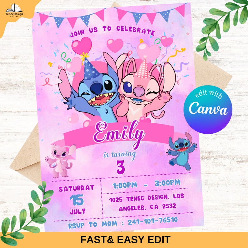 May include: A pink and blue birthday invitation featuring Stitch and Angel from the Disney movie Lilo & Stitch. The invitation says "Join us to celebrate Emily is turning 3" and includes the date, time, and location of the party. The text "edit with Canva" is in a circle at the bottom right corner of the invitation.