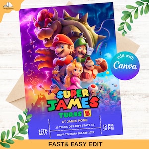 Mario Bros Einladung, Super Mario Geburtstagseinladung, Super Brothers Junge einladen, Videospiel, Kind einladen, bearbeitbare Vorlage, bearbeitbare Canva