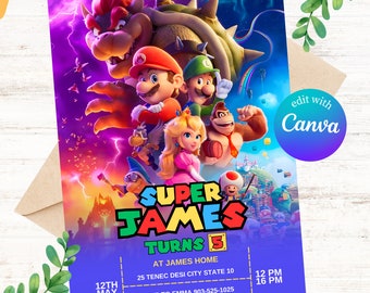 Mario Bros Invitation, Super Mario Birthday Invitation, Super Brothers boy Invite, Video Game, Kid Invite, Editable Template, Editable Canva