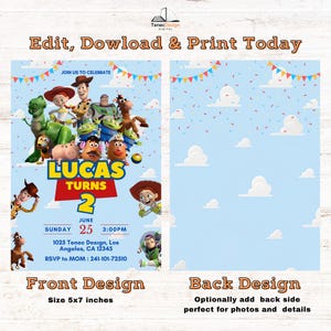 May include: A two-sided invitation design featuring characters from a popular animated film. The front design includes the text "Lucas Turns 2" and event details. The back design has a blue sky background with white clouds. The invitation size is 5x7 inches.