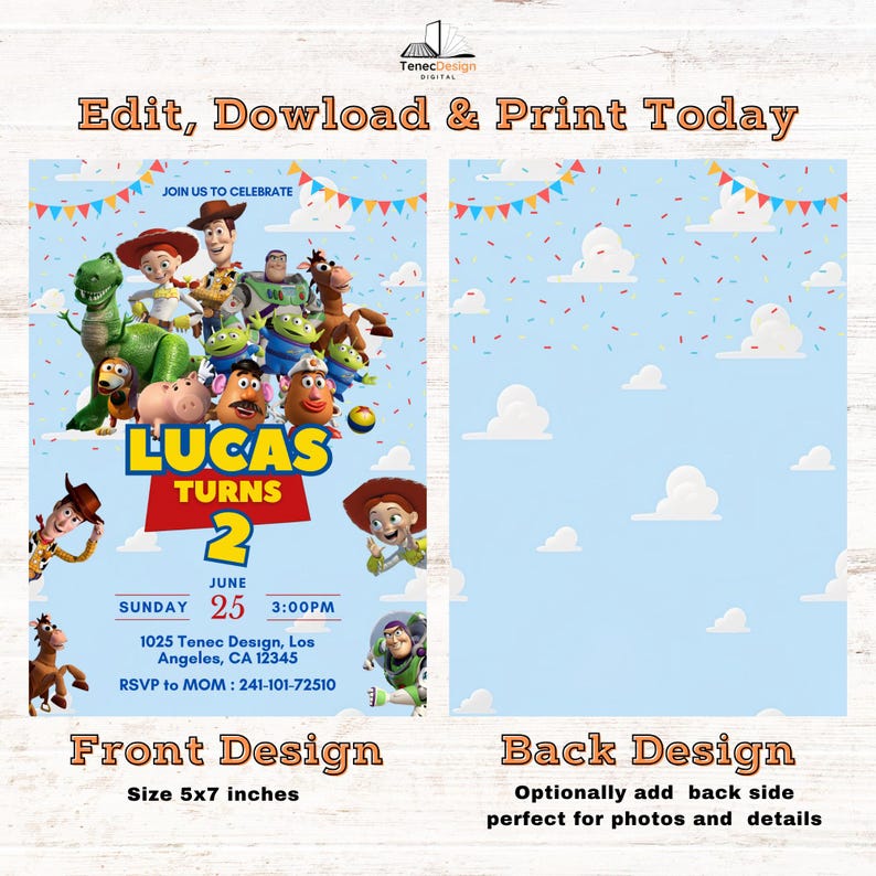May include: A two-sided invitation design featuring characters from a popular animated film. The front design includes the text "Lucas Turns 2" and event details. The back design has a blue sky background with white clouds. The invitation size is 5x7 inches.