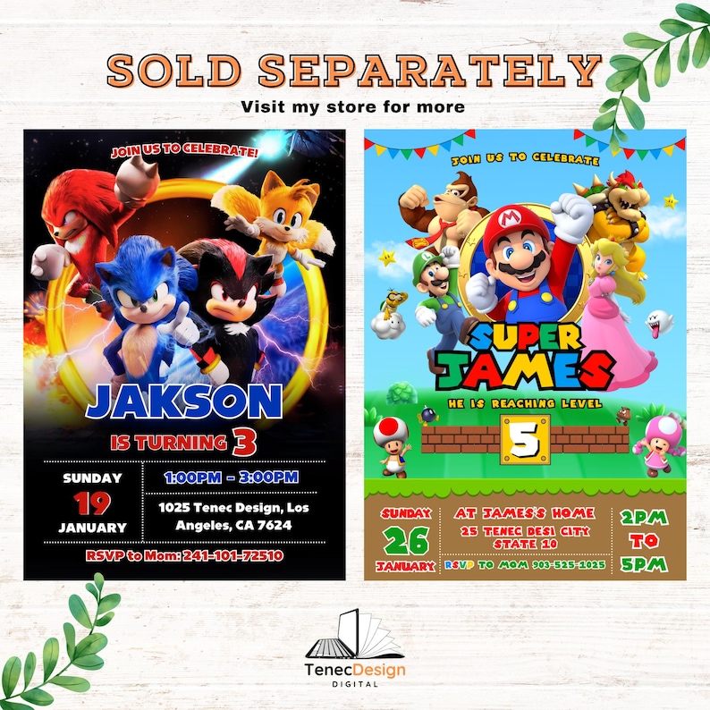 May include: Two colorful birthday party invitations featuring cartoon characters. One invitation has Sonic the Hedgehog and friends, the other has Mario and friends. Both include party details like date, time, and location.