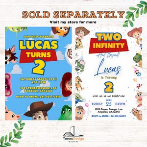 May include: Two birthday party invitations featuring cartoon characters. One invitation reads "Lucas Turns 2" with event details. The other says "Two Infinity and Beyond!" with the name "Lucas" and event details.