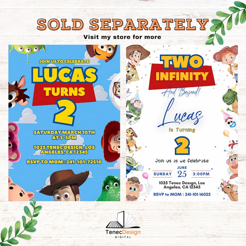 May include: Two birthday party invitations featuring cartoon characters. One invitation reads "Lucas Turns 2" with event details. The other says "Two Infinity and Beyond!" with the name "Lucas" and event details.