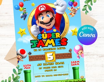 Mario Bros Einladung, Super Mario Geburtstagseinladung, Super Brothers Junge Einladung, Videospiel, Kindereinladung, bearbeitbare Vorlage, bearbeitbares Canva