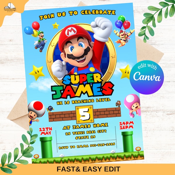 Mario Bros Invitation, Super Mario Birthday Invitation, Super Brothers boy Invite, Video Game, Kid Invite, Editable Template, Editable Canva