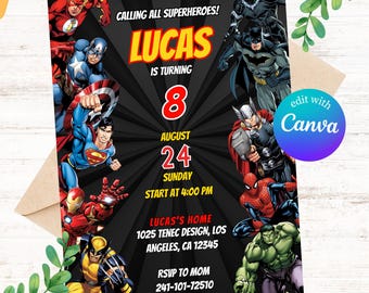 Superhero Birthday Invitation Template: Spider-Man & Iron Man (Digital Download, 5x7in Editable Canva File)