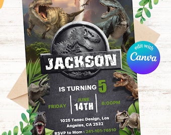May include: A black and green dinosaur birthday party invitation with a dinosaur silhouette and the text "JACKSON IS TURNING 5" in green. The invitation also includes the date "JUNE 14TH" and the time "6:00PM".