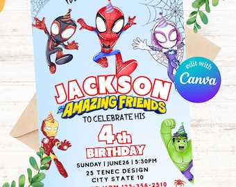Editable Watercolor Spidey And His Amazing Friends Birthday Party Invitation | Superhero Template Printable | Instant Download | Kids Invite