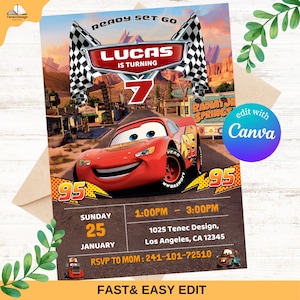 Cars Birthday Invitation, Lightning McQueen Invitation, Kids Birthday Invitation, Editable and Printable Digital Invitation image 1