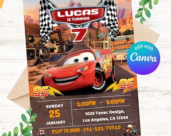 Faire-part d'anniversaire voitures, faire-part Lightning McQueen, faire-part d'anniversaire pour enfants, faire-part numérique modifiable et imprimable