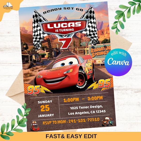 Cars Birthday Invitation, Lightning McQueen Invitation, Kids Birthday Invitation, Editable and Printable Digital Invitation