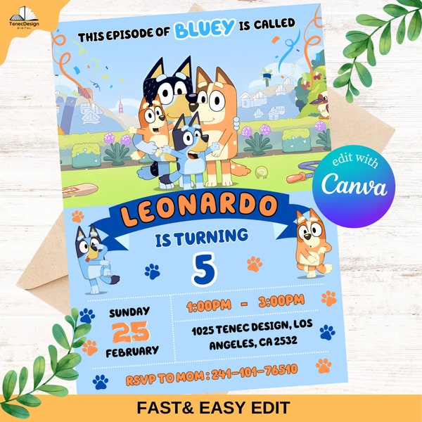 Bluey and Bingo Dog Birthday Invitation, Digital Editable Bluey Birthday Invite, Kids Theme Party Invitation, Digital Blue Dog Template