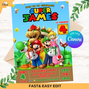 Super Mario Birthday Invitation, Mario Bros Invitation, Super Brothers boy Invite, Video Game, Kid Invite, Editable Template, Editable Canva