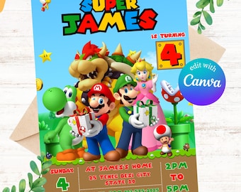 Super Mario Birthday Invitation: Editable Video Game Invite (Canva Template)