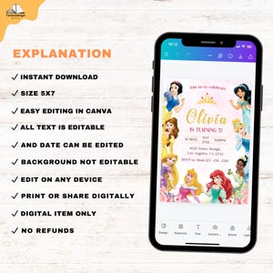 May include: A smartphone displays a digital birthday invitation featuring Disney princesses. The invitation is for a girl named Olivia, turning 5. The design includes a pink background, gold text, and the text "Instant Download" and "Size 5x7".