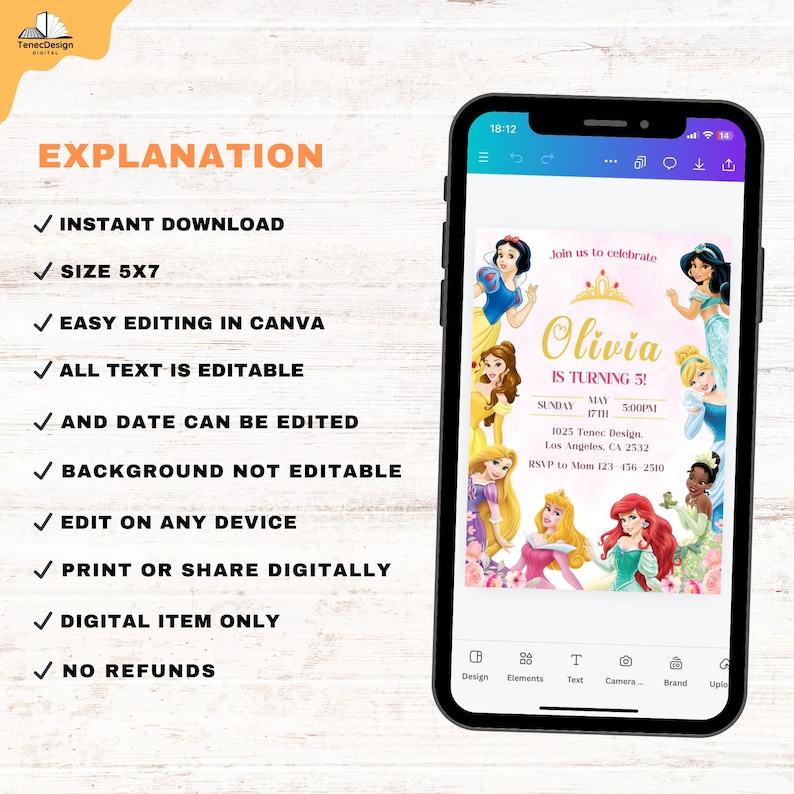 May include: A smartphone displays a digital birthday invitation featuring Disney princesses. The invitation is for a girl named Olivia, turning 5. The design includes a pink background, gold text, and the text "Instant Download" and "Size 5x7".