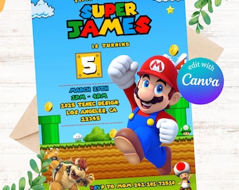 Zaproszenie urodzinowe Super Mario Bros.: edytowalny szablon Canva