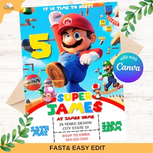 Mario Bros Einladung, Super Mario Geburtstagseinladung, Super Brothers Junge einladen, Videospiel, Kind einladen, bearbeitbare Vorlage, bearbeitbare Canva
