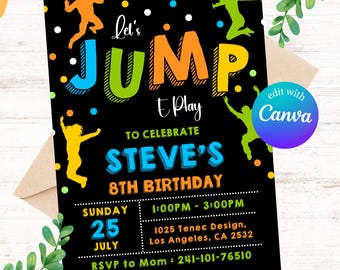 Trampoline Birthday Invitation: Bounce House Party, Editable Canva (Digital Download)