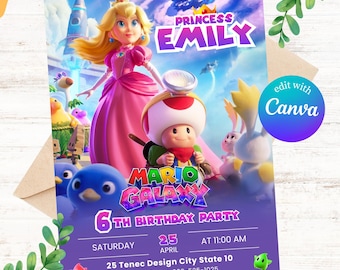Princess Peach Party Invite, Super Mario Galaxy Birthday Invitation, Editable Canva Template, Instant Download, Canva Template (5x7 in)