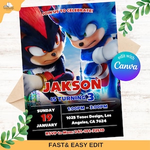 Faire-part d'anniversaire Sonic, modifiable et imprimable, superbe invitation à une fête Sonic, invitations premium modifiables sur Canva, invitation garçons et filles