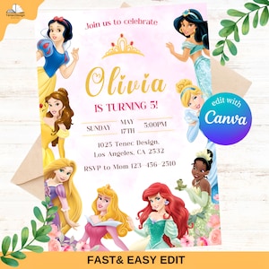 Prinzessin Geburtstags-Einladung Prinzessin Einladung Prinzessin Party Einladung Mädchen Prinzessin Einladungen Instant Digital Gold Pink bearbeitet werden