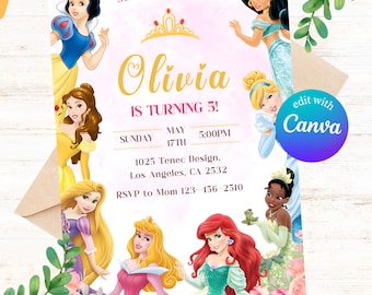 Princess Birthday Invitation: Gold & Pink, Editable Canva Template (Digital)