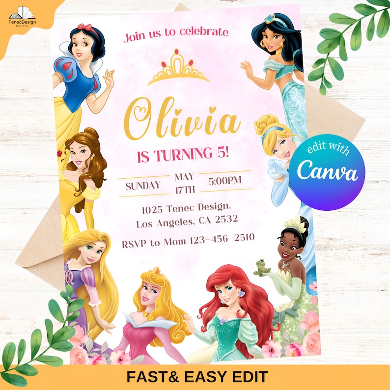 May include: A princess-themed birthday invitation featuring illustrations of various Disney princesses. The invitation is for Olivia's 5th birthday, with details including the date, time, and RSVP information. The design includes a pink watercolor background and gold text.