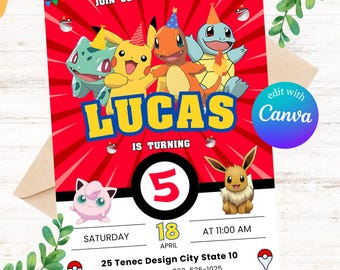 Editable Pokémon Birthday Invitation Template – Customizable Party Invite for Kids – Instant Download for Canva – Digital Bday Party Invite