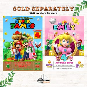 May include: Two colorful birthday party invitations featuring Super Mario characters. One says "Super James" and the other "Princess Emily." Both include party details like date, time, and location. The invitations are designed with vibrant colors and cartoon graphics.