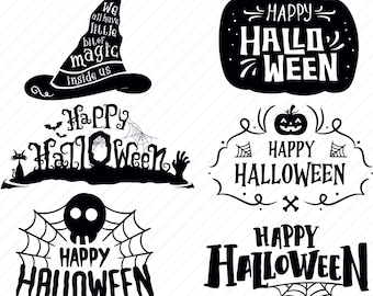 May include: Black and white Halloween-themed graphics. Includes a witch's hat with text, a pumpkin with "Happy Halloween", and various other designs with the same theme. The bottom of the image has the file types: SVG, PNG, EPS, and DXF.