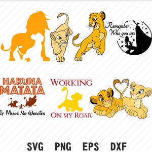 Puede incluir: Una colección de gráficos de leones de dibujos animados en tonos amarillos y naranjas. Los diseños incluyen siluetas de leones, cachorros y frases de texto como "Hakuna Matata" y "Remember Who You Are". Formatos: SVG, PNG, EPS y DXF.