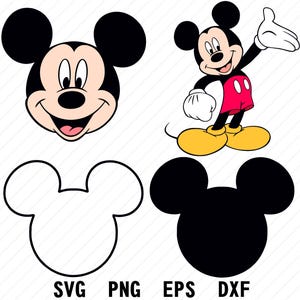 Op de afbeelding: Een verzameling Mickey Mouse-afbeeldingen. Bevat een lachend gezicht, een cartoon van het hele lichaam, een lijntekening van het hoofd en een effen zwart silhouet van het hoofd. De afbeelding bevat ook de bestandsnamen: SVG, PNG, EPS en DXF.