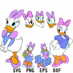 デイジーダック SVG バンドル | かわいい漫画の女の子のアヒルのクリップアート | PNG EPS Dxf Cricut カットファイル