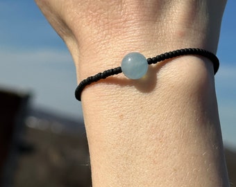 March - Aquamarine - Japanese Glass Seed Bead Stretch Bracelet Handmade Natural Aquamarine Gemstone Bracelet